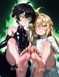 ai_generated black_dress black_hair blonde_hair blush bulge feet femboy foot_fetish glowing_eyes green_eyes long_hair multiple_boys short_hair sweaty yellow_eyes