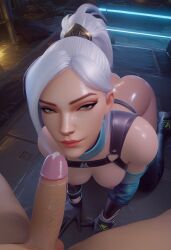 1boy 1boy1girl 1girls ai_generated asian asian_female blue_eyes gloves jett_(valorant) light-skinned_female light-skinned_male light_skin looking_at_viewer on_knees ponytail pov pov_eye_contact pov_male precum riot_games small_breasts small_penis tagme valorant white_hair