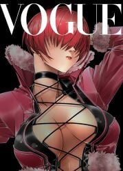 1girls big_breasts big_breasts breasts breasts cleavage clothed female fishnets jacket king_of_fighters light-skinned_female light_skin long_hair magazine necklace no_bra open_clothes red_hair shermie_(kof) tied_hair voluptuous voluptuous_female