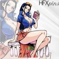 big_breasts black_hair book female female_only hfxpins high_heels nico_robin one_piece sarong sitting sunglasses