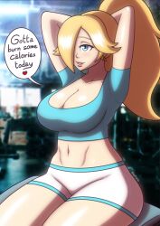 1girls abs arms_behind_head beg4cake belly_button big_breasts blonde_hair blue_eyes blue_shirt breasts busty cleavage dialogue earring female female_only hair_over_one_eye huge_breasts large_breasts mario_(series) midriff muscle muscle_tone muscles muscular muscular_female navel nintendo ponytail princess_rosalina shirt shorts six_pack smile tight_shirt tying_hair white_shorts workout_clothes