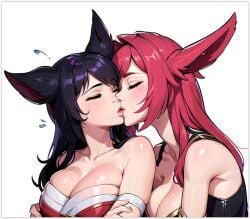 2girls ahri ai_generated animal_ears artist_request bare_shoulders black_hair breasts cleavage eyes_closed female female_only fox_ears fox_girl girl_on_girl kumiho large_breasts league_of_legends lesbian_couple lesbian_kiss long_hair medium_breasts red_hair riot_games simple_background upper_body xayah yuri