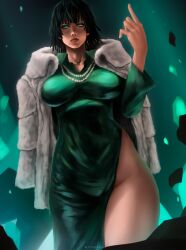 1girls arm_up bangs big_breasts bob_cut breasts busty clothed clothing coat covered_navel covered_pussy curvaceous curvy curvy_body curvy_female curvy_figure dark_green_hair dark_hair dress esper eye_contact eyelashes female female_focus female_only fringe front_view fubuki_(one-punch_man) glowing_eyes green_background green_eyes green_hair hand_up highres hips hourglass_figure large_breasts legs light-skinned_female light_skin lips lipstick long_sleeves looking_at_viewer medium_hair necklace one-punch_man psychic red_lips red_lipstick short_hair slim slim_waist solo solo_female solo_focus telekinesis thick thick_legs thick_thighs thighs thin_waist tight_clothing tight_dress voluptuous waist we1cometoparadiseart welcometoparadise wide_hips wtparadise