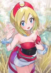 aibon armpits blonde_hair blue_eyes blush bracelet breasts cleavage clothes_pull collar creatures_(company) day eyelashes fanning_self female game_freak hair_between_eyes hairband hand_up highres irida_(pokemon) jewelry looking_at_viewer motion_blur motion_lines nintendo open_mouth outdoors pokemon pokemon_legends:_arceus red_hairband red_shirt sash shirt shirt_pull shirt_tug short_hair shorts solo standing strapless strapless_shirt sweat tongue waist_cape white_shorts