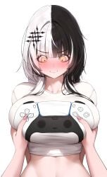 big_breasts blush breast_grab hololive hololive_english hololive_english_-advent- ps5_controller shiori_novella tagme