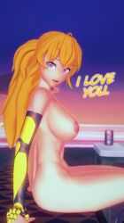 1girls 3d alternate_hairstyle arrancon big_breasts blonde_hair breasts busty english_text female female_only from_side hi_res large_breasts long_hair looking_at_viewer nipples nude open_mouth ponytail purple_eyes rwby sensual sideboob sitting smile toned voluptuous yang_xiao_long