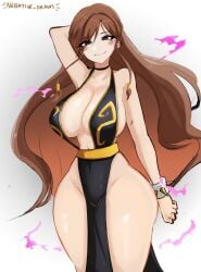 black_dress breasts chun-li chun-li_(battle_ouffit_sfv) curvy curvy_body curvy_figure hand_on_head huge_breast huge_breasts ketai99 smile thighs