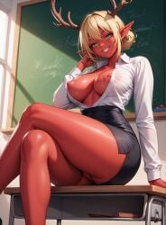 1girls ai_generated big_breasts blonde_hair breasts captainmegu deer_horns elf_ears green_eyes hi_res looking_at_viewer nipples_slip no_bra no_panties pov red_body red_skin shiny_skin short_hair solo