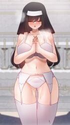 after_sex ass_visible_through_thighs bare_arms bare_belly bare_shoulders belly_button black_hair blush bra breasts choi_taeyoung church cleavage closed_eyes collarbone garter_belt garter_straps huge_breasts indoors learning_the_hard_way lingerie long_hair manhwa nun nun_hat open_mouth panties pornhwa praying seong_jisoo shiny_skin standing sweat sweaty_body thighhighs thighs underwear visible_breath webtoon white_bra white_panties white_thighhighs zettai_ryouiki