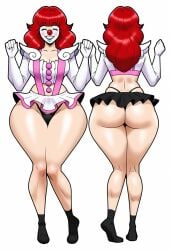 1girls ai_generated back_view bunanza_ clown_girl clown_makeup clown_nose curvy_body curvy_figure curvy_hips front_view full_body gloves hourglass_figure miniskirt multiple_views posing_for_the_viewer solo tagme thick_thighs thong