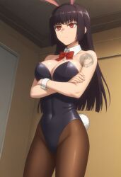 1girls ai_generated angry arms_crossed black_hair breasts bunny_girl bunny_tail bunnysuit commentary_request curvaceous curvy curvy_female english_commentary large_breasts long_hair mixed-language_commentary please_don't_bully_me,_nagatoro red_bowtie red_eyes sana_sunomiya solo