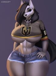 1girl 1girls 2020s 2024 2d 2d_(artwork) 5_fingers abs anthro anthro_only aozee big_breasts big_thighs black_hair black_tail breasts busty choker collar eyebrows eyelashes female female_focus female_only goth goth_girl grey_body grey_fur hair_over_one_eye hand_on_hip hi_res highres hips hourglass_figure huge_breasts jean_shorts jersey large_breasts large_thighs long_hair midriff navel purple_eyes shorts smile smiling_at_viewer solo solo_female solo_focus spiked_collar tail thick_thighs thighs toned toned_female underboob vegas_golden_knights wide_hips wolf wolf_ears wolf_girl