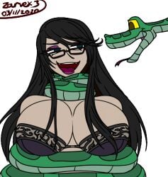 animated bayonetta bayonetta_(character) black_hair breast_expansion breasts cleavage coils disney femsub glasses happy_trance hi_res huge_breasts hypnosis kaa kaa_eyes long_hair maledom mind_control slideshow snake sweat the_jungle_book zarvex3