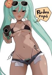 1girls artist_request big_breasts bikini brazil brazilian brazilian_female brazilian_miku earrings gun hatsune_miku highleg partially_clothed pubic_hair speech_bubble stylized_pubes sunglasses tagme tan_body tan_skin vocaloid