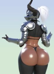 1girls 3d armor armored_boots armored_female armored_gloves ass ass_focus back_view bikini bikini_armor blender dark-skinned_female female_knight from_behind helmet horned_helmet knight looking_back micro_bikini oc ponytail popogori shiny_skin shrug solo thick_ass thick_thighs thighhighs thighs white_hair