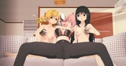 4girls adult_and_teenager akemi_homura arlecchino_(genshin_impact) blonde_hair breast_grab dark_hair dominant_female french_kiss french_kissing genshin_impact koikatsu legs_spread looking_at_viewer madoka_kaname mami_tomoe pink_hair puella_magi_madoka_magica submissive_female tomoe_mami white_hair yuri