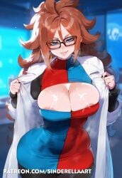 ai_generated android_21 android_21_(human) big_breasts breasts_bigger_than_head busty curvaceous dragon_ball dragon_ball_fighterz female huge_breasts large_breasts patreon patreon_url patreon_username sinderellaart thick voluptuous voluptuous_female