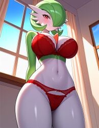 ai_generated bikini bra breasts game_freak gardevoir generation_3_pokemon green_hair green_skin huge_breasts kemonogirls nintendo pokemon pokemon_(species) red_eyes red_underwear sideboob two_tone_body two_tone_skin underwear white_skin