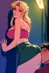 against_wall ai_generated alley ass ass_focus ass_smothering black_lagoon blonde_hair blue_eyes dominant_female eda green_skirt looking_at_viewer male_rimming_female pink_topwear rimming seductive_look submissive_male