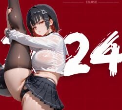 ai_generated big_breasts camel_toe ellen_joe enjisd highleg_thong red_eyes sailor_uniform splits_position standing_on_one_leg standing_split thong upskirt zenless_zone_zero