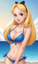 1girls age_difference aged_up ai_generated alice_(disney) alice_in_wonderland alice_in_wonderland_(1951_film) alice_liddell beach blonde_hair blue_eyes bonnieaiart breasts cleavage deviantart deviantart_link female female_only fully_clothed happy light-skinned_female light_skin looking_at_viewer nai_diffusion outdoors revealing_clothes sand smile smiling solo stable_diffusion tagme