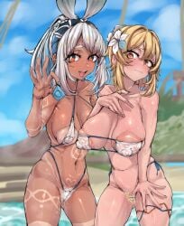 2girls areola_slip big_breasts bikini female genshin_impact lumine_(genshin_impact) masso_nullbuilt micro_bikini mualani_(genshin_impact) non-ai non-ai_generated non-generated_ai pubic_hair standard_resolution tagme