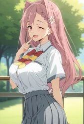 ai_generated big_breasts curvaceous curvy_female flower_in_hair himemiya_karen huge_breasts kiwifruit0501 light-skinned_female light_skin long_hair looking_at_viewer make_heroine_ga_oo_sugiru! massive_breasts one_eye_closed pink_eyes pink_hair school_uniform schoolgirl smiling solo_female voluptuous voluptuous_female