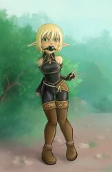 ball_gag blonde_hair bondage boots bound crotch_rope drool drooling female female_only femsub fingerless_gloves fully_clothed gag gloves green_eyes hobbled outdoors png pointy_ears rope shiny_clothes solo solo_female thigh_boots tight_clothing vyazinrei wakfu