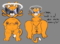 anthro anus ass balls dialogue domestic_cat eyewear feet felid feline felis foreskin genitals halo khristos male mammal mikey_(neon_white) nipple_piercing nipples nude penis piercing presenting smile smiling_at_viewer solo sunglasses tail talking_to_viewer