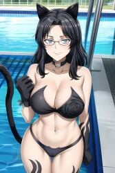 1girls ai_generated ass ass_focus big_breasts black_hair blue_eyes breasts cat_ears cat_tail catgirl female female_focus female_only glasses huge_ass huge_breasts large_breasts long_hair mature_female milf poolside swimsuit thighs