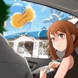 1boy 2girls animated_gif breasts breasts_against_glass car_wash disappointed female gloves hagakure_tooru invisible izuku_midoriya khyleri light-skinned_female light-skinned_male male multiple_girls my_hero_academia my_hero_academia_(finale) ochako_uraraka shaking_head soap sponge unamused washing