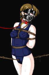 arms_behind_back bound_breasts box_tie brown_hair collar crotch_rope drooling eye_mask flushed gag gagged large_breasts leash looking_away open_mouth_gag original pussy_juice school_swimsuit short_hair sikamazu slave tears tightrope wet_pussy