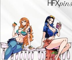 apple bench big_breasts bikini black_hair book female female_only hfxpins high_heels nami nami_(one_piece) nico_robin one_piece orange_hair sitting