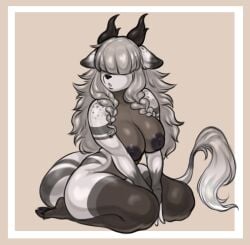 anthro antlers areola ashley_(vinthebat) ass big_breasts black_areola black_nipples braided_hair breast_squish breasts curvy_figure ear_tuft female fluffy fluffy_tail front_view fur grey_hair hair hair_over_eyes hands_between_legs hi_res hooves horn huge_breasts kneeling long_hair looking_at_viewer mountain_deer_dragon nipples nude pompoyo pouting sitting_on_legs slightly_chubby snout solo squish striped_body striped_fur stripes tail tuft white_body wide_hips