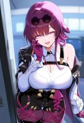 ai_generated big_breasts cleavage eyes_half_open gloves hand_on_face honkai:_star_rail jaygoats kafka_(honkai:_star_rail) lips looking_at_viewer milf off_shoulder smile thick_thighs