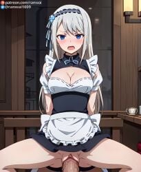 1boy 1girls ai_generated apron arms_behind_back bangs black_dress blue_eyes blush bow breasts cleavage cleavage_cutout clitoral_hood clitoris clothed_sex clothing clothing_cutout cowgirl_position cup dress enmaided female grey_hair hairband headdress headwear human indoors kaguya-sama_wa_kokurasetai_~tensai-tachi_no_renai_zunousen~ large_breasts long_hair looking_at_viewer maid maid_apron maid_headdress male medium_breasts mug on_table open_mouth penis puffy_short_sleeves puffy_sleeves ranwai sex shirogane_kei short_dress short_sleeves solo_focus spread_legs stable_diffusion straddling straight swept_bangs table teacup thighs uniform vagina vaginal_penetration veins veiny_penis waist_apron white_apron white_hair