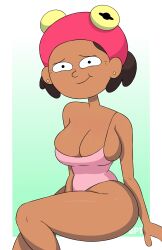 1girls amphibia bathing_cap big_breasts brown_hair brush_pen_ten dark-skinned_female dark_skin female_only looking_at_viewer mature mature_female mature_woman milf mother mrs._boonchuy oum_boonchuy solo solo_female straight_hair swim_cap swimcap swimming_cap swimsuit thick_thighs