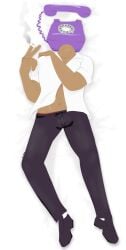 1boy anthro black_pants black_shoes body_pillow bodypillow bulge cigarette cigarette_smoke covering_chest covering_self dakimakura dark_skin dayshift_at_freddy's dsaf exposed_midriff jake_(dsaf) jake_wilson_(dayshift_at_freddy’s) lit_cigarette male male_only no_outlines object_head objectophilia objectphilia objectum on_back on_bed phone_head purple_face rotary_phone shiny_skin simp_draws solo_focus stomach unbuttoned_shirt underwear_peek white_background white_shirt