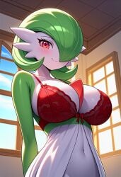 ai_generated bikini bra breasts game_freak gardevoir generation_3_pokemon green_hair green_skin huge_breasts kemonogirls nintendo pokemon pokemon_(species) red_eyes red_underwear sideboob two_tone_body two_tone_skin underwear white_skin