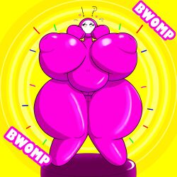 2020 ?! areola ass_expansion belly big_breasts blush bodily_fluids breast_expansion breasts bright_colors cleft_of_venus confusion digital_media_(artwork) eyelashes fall_gal fall_guys female flustered genitals growth hi_res huge_breasts huge_thighs humanoid hyper hyper_breasts inverted_nipples looking_at_viewer navel nipples nude onomatopoeia overweight overweight_female overweight_humanoid pink_body pussy shaded solo sound_effects standing sweat sweatdrop text thick_thighs transformation vestalysis video_games