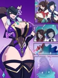 absorption absorption_vore beidou_(genshin_impact) big_breasts boob_window drunk fusion genshin_impact leotard slime slime_girl tagme thick thick_thighs vore yelan_(genshin_impact) zaro24