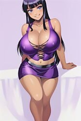 ai_generated arm_support big_breasts black_hair blue_eyes breasts clothed clothed_female female female_only huge_breasts jfxjxf leaning_back leaning_on_table long_hair looking_at_viewer midriff miniskirt navel nico_robin nico_robin_(pre-timeskip) nipple_bulge no_bra one_piece pre-timeskip purple_clothing purple_skirt purple_topwear simple_background skirt smile smiling_at_viewer standing topwear