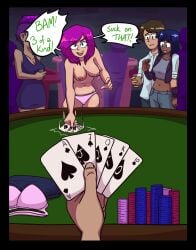 1boy 3girls blueycitrus breasts female medium_breasts oc panties panties_only playing_card poker poker_chip pov pov_hands senftember senftember_(2024) strip_poker tagme