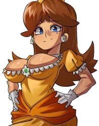 1girls blue_eyes breasts brown_hair female freckles_on_breasts hands_on_hips mario_(series) moxydrawsmore nintendo princess princess_daisy royalty solo super_mario_bros. white_background