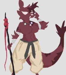 abs anthro artificer_(rain_world) biped breasts explosive_spear eye_scar featureless_breasts female fur looking_at_viewer muscular muscular_anthro muscular_female pearl_necklace rain_world red_body red_fur slugcat solo solo_female topless videocult weapon