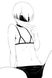 1boy blindfold clothing crossdressing femboy khexxi male male_focus male_only monochrome nier nier:_automata short_hair white_background white_hair yorha_9s