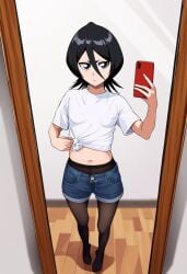 1girls ai_generated black_eyes black_hair bleach breasts cellphone denim denim_shorts facing_viewer female female_focus front-tie_top indoors kuchiki_rukia light-skinned_female light_skin looking_at_viewer mirror mirror_selfie pantyhose pantyhose_under_shorts phone pout selfie short_hair shorts small_breasts solo standing white_shirt