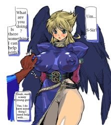 1boy 1girls big_breasts big_nipples bimbo blonde_hair bottomless breasts breath_of_fire breath_of_fire_ii clothing dark-skinned_male dialogue erect_nipples erect_nipples_under_clothes female female_focus groping hard_translated huge_breasts huge_nipples imminent_sex impossible_clothes impossible_clothing impossible_shirt large_breasts large_nipples nina_(breath_of_fire_ii) nipple_bulge nipples nipples_visible_through_clothing no_panties petitdry pussy skin_tight solo_focus speech_bubble text tight tight_clothes tight_clothing tight_shirt wings