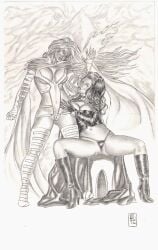 2girls black_and_white black_queen cameltoe cameltoe_leotard emma_frost female female_only frontal_wedgie gene_espy hellfire_club jean_grey large_breasts leotard marvel marvel_comics phoenix_five traditional_art traditional_media_(artwork) white_queen x-men yuri