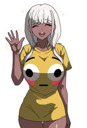 breasts closed_eyes danganronpa danganronpa_v3 dark-skinned_female dark_skin emoji female female_only flushed_emoji flushed_emoji_shirt flushed_face front_view ghostec greeting happy open_mouth shirt signature simple_background smile solo standing straight-cut_bangs straight_bangs t-shirt teeth thick_thighs tongue waving waving_at_viewer white_background white_hair wide_hips yellow_shirt yonaga_angie